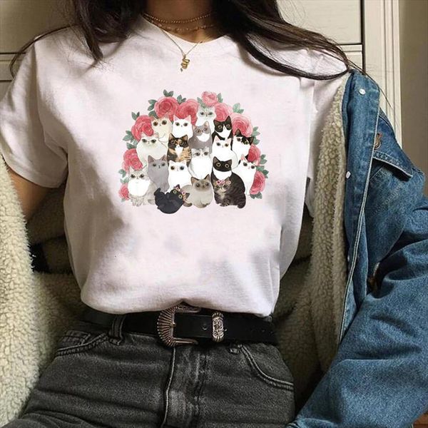 

print graphic cat floral summer womens t shirt autumn pet animal kawaii printing clothes lady tees female, White