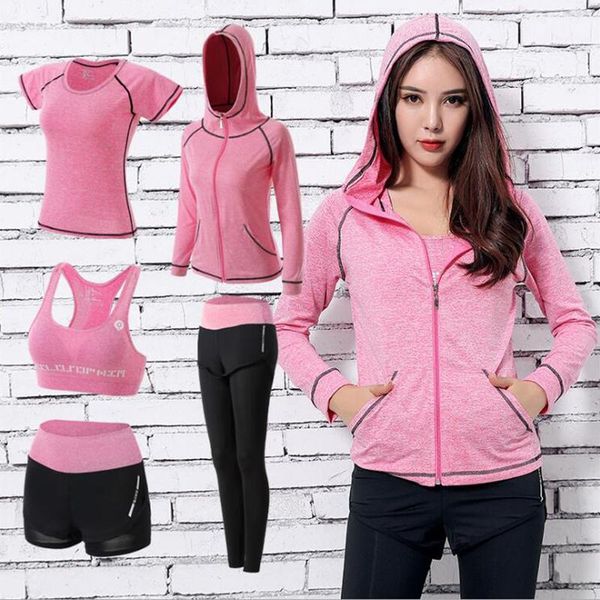 

yoga outfits 2021 women 5 pcs/set sets the hooded coat+t shirt+bra+shorts+pants sports wear for gym workout clothes fitness set, White;red