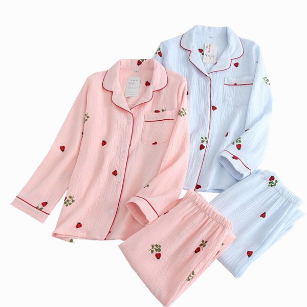 

women's sleepwear new ladies pajamas set cartoon ladybug printed crepe cotton gauze simplicity 2 piece women soft comfort househol, Black;red