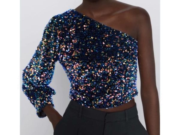 

women's t-shirt 2021 women elegant nine quarter sleeve leisure chic sequins decoration asymmetry single shoulder t-shirts female o, White