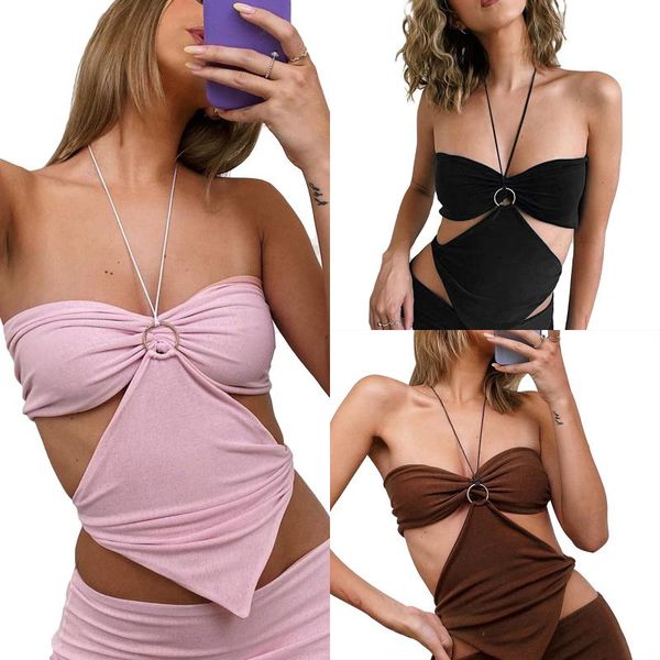 

women's swimwear women halter cami sleeveless backless solid ring front ruched camisole casual basic short vest shirts y2k out, White;black