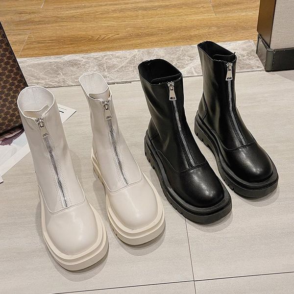 

boots flat heel white shoes women's leather ankle boots-women zipper round toe low ladies 2021 summer lolita rubber autumn rock, Black