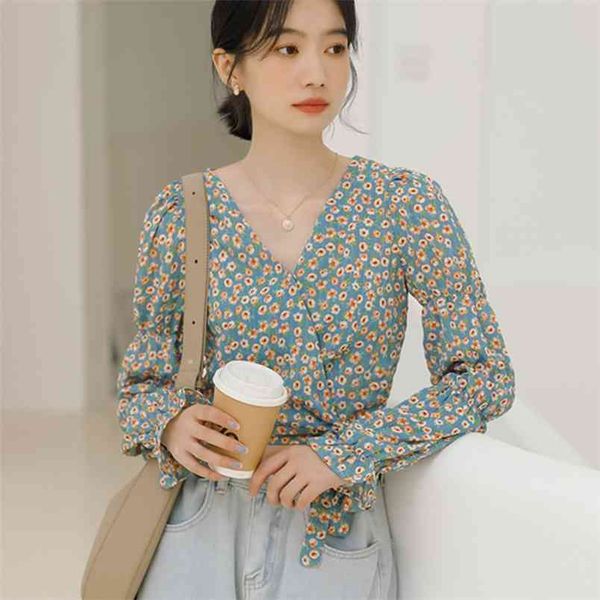 

autumn puff sleeve floral slim chiffon shirt women lace up bow short women blouses v neck high waist crop 210514, White