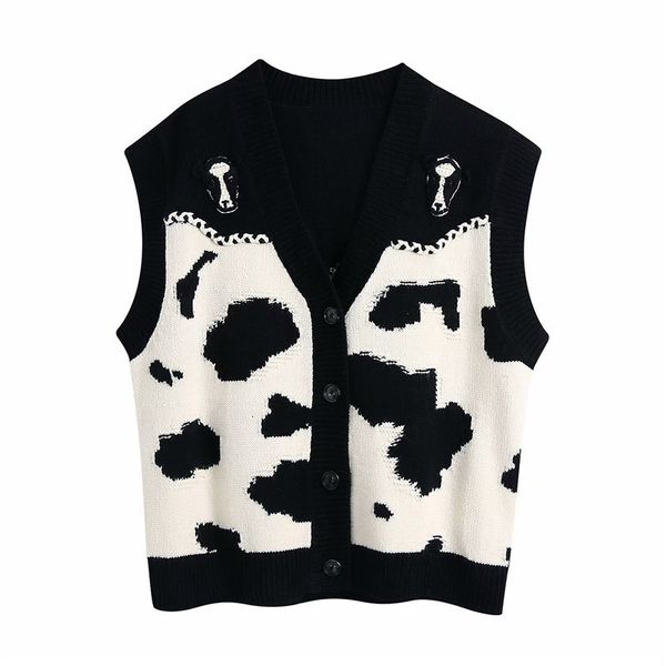 

women's sweaters women spring fashion knitted cow print za cardigans vest female casual sleeveless v-neck single breasted loose 5u, White;black