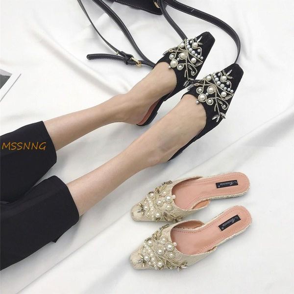 

slippers 2021 summer women's lace closed toe handmade beading flowers flat mules shoes women big pearl silk, Black