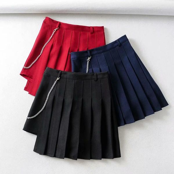 

skirts solid color high waist a -line chain skirt ladies college wind 2021 autumn & winter arrivals from wool pleated, Black