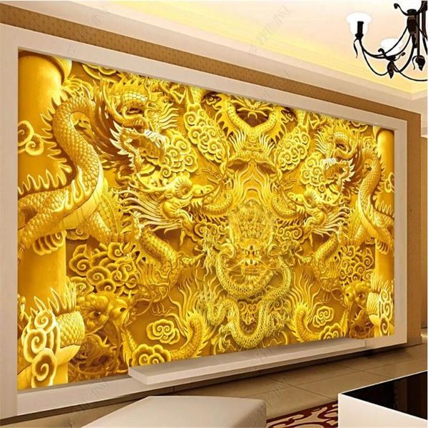 

custom 3d golden embossed dragons background wall paper coverings living room bedroom home decor mural wallpaper wallpapers