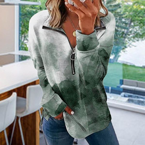 

women's t-shirt fashsiualy zipper gradient t-shirts 2021 fashion tie dye casual lapel turn-down collar long sleeve, White