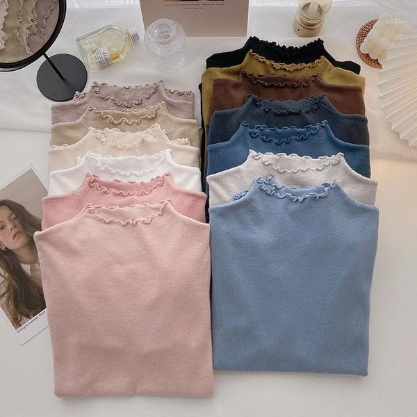 

women's t-shirt knitting half high collar pullovers blue tees shirt long sleeve korean y2k edible tree solid white black jumpers