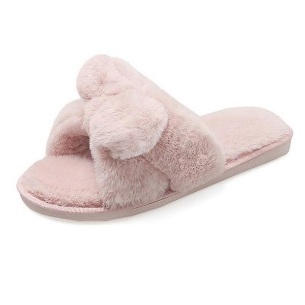 

slippers 2021 winter indoor bow-knot women fur gray pink solid faux warm plush shoes home ladies fluffy, Black