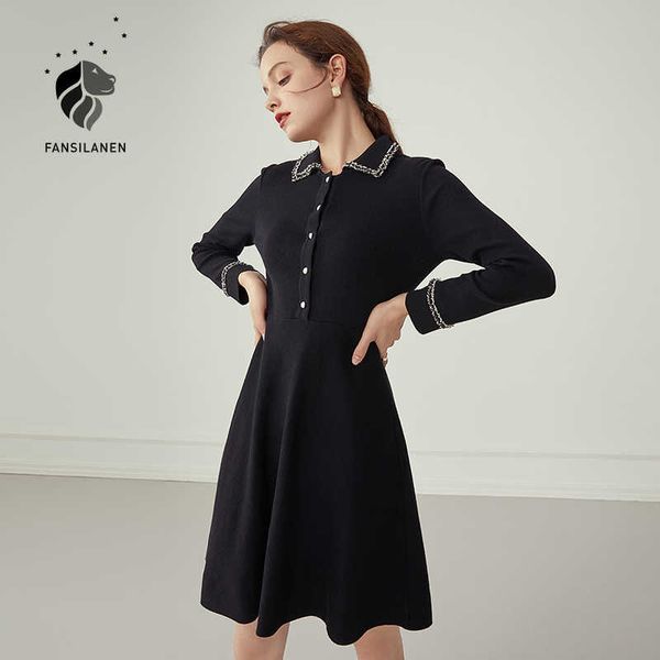 

fansilanen vintage fringe short black dress women slim autumn winter elegant shirt office lady long sleeve wool 210607, Black;gray