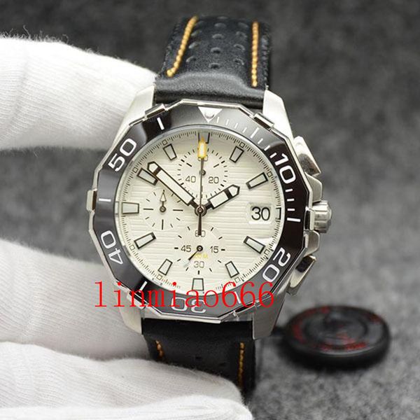 

44mm quartz battery satch mens watch watches white dial with black leather band and rotatable bezel, Slivery;brown