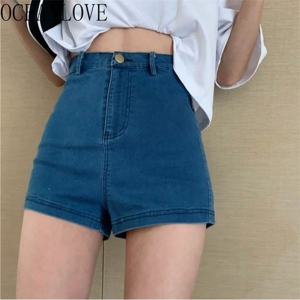 

oceanlove denim short jean korean fashion elegant temperament mujer pantalones solid high waist super stretchy pants 210809, Blue