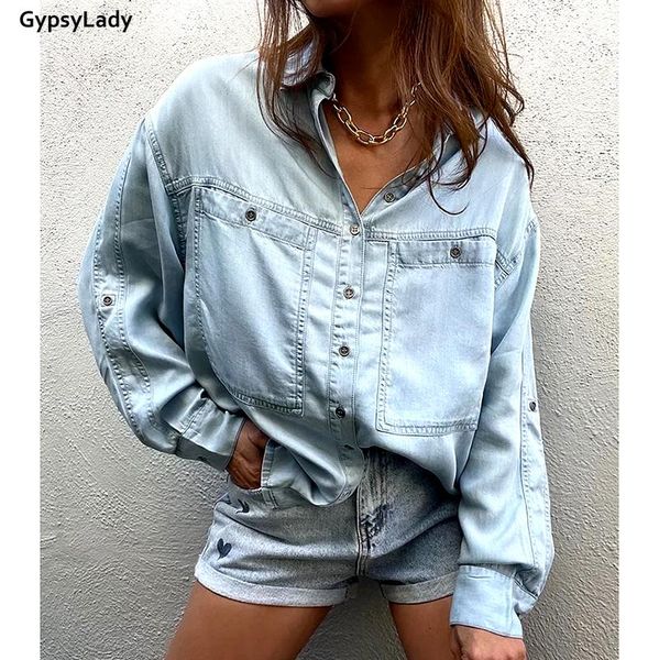 

women's blouses & shirts gypsylady vintage chic denim blouse shirt for women oversized spring autumn long puff sleeve pocket ladies 202, White