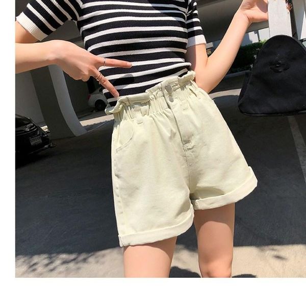 

women's shorts 2021 summer women solid pockets button flare loose jeans vintage elastic high waist denim, White;black