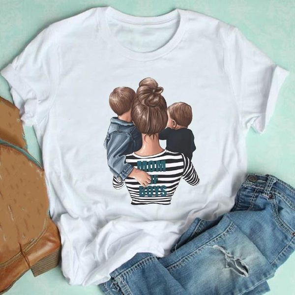 

women's t-shirt women short sleeve striped boys sweet fashion love cartoon mom mother clothes print tshirt female tee ladies graphic, White