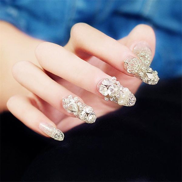 

false nails 24pcs fake press on with rhinestones water droplets silver wear nail stickers finished glue to, Red;gold