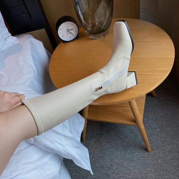 

boots winter for woman fashion shoes square toe beige zipper block heels knee high 32-46, Black