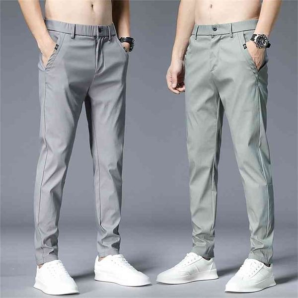 

men's summer light pants trends style classic dress trouser husband straight elastic waist band black gray casual pant male 210715