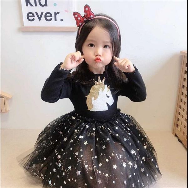 

girls long sleeve princess girl dress autumn childrens cartoon crown unicorn stitching star mesh, Red;yellow