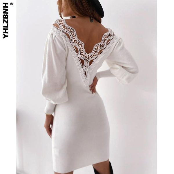 

casual dresses yhlzbnh autumn woemn dress backless hollow lace stitch v-neck long lantern sleeve slim bodycon femme robe, Black;gray