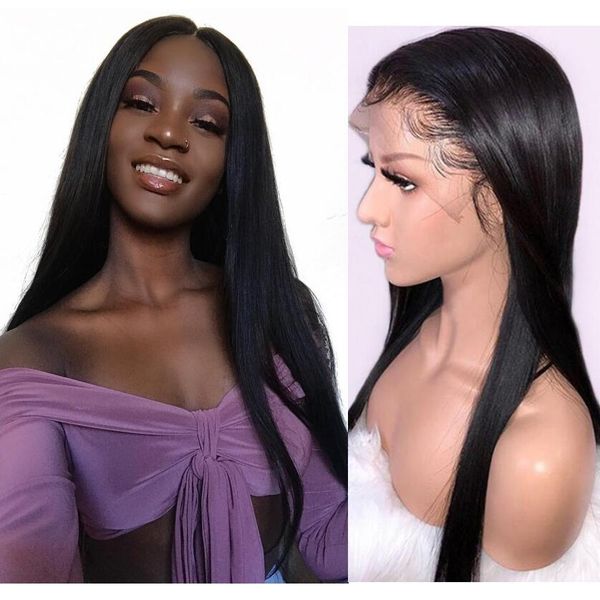 

modern show human hair 13 by 4 silk straight lace front human hair wigs with natural hairline pre plucked malaysian lace wigs, Black;brown