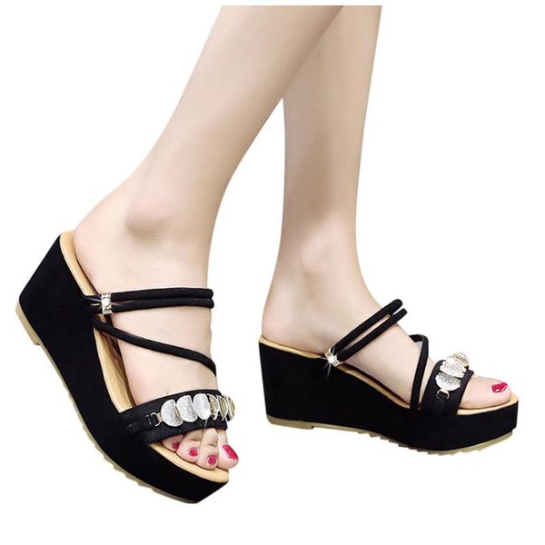 

high heels platform slippers sandals and wild casual pumps shoes open toe sandalias women chaussures femme, Black