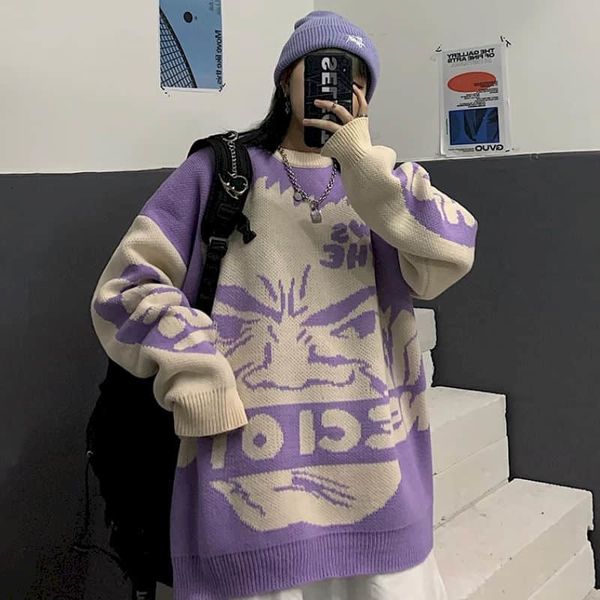 

women's sweaters spring autumn for women plus size long sleeve oversize korean clothes vintage harajuku o-neck print h3gs, White;black