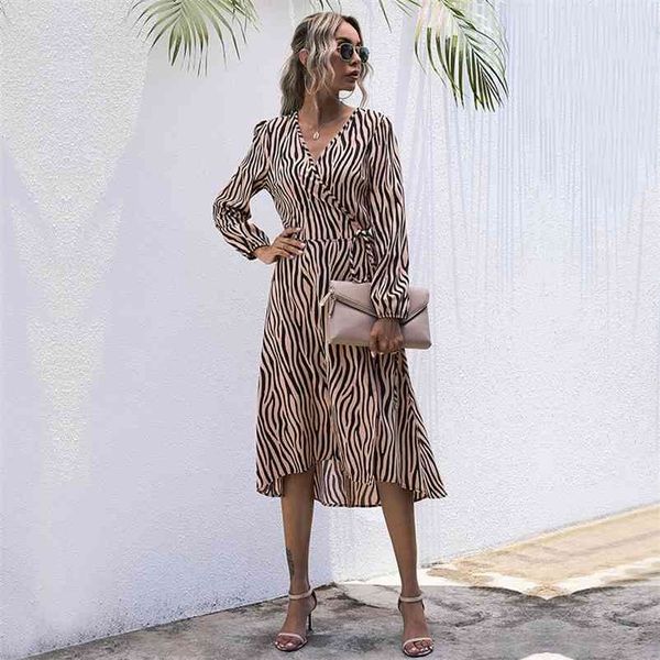 Nova Chegada Moda Mulheres Vestidos de Manga Longa Envoltório Wrap Roupa Escritório Elegante Midi Frocks para Senhoras Spring Zebra Listras 210409