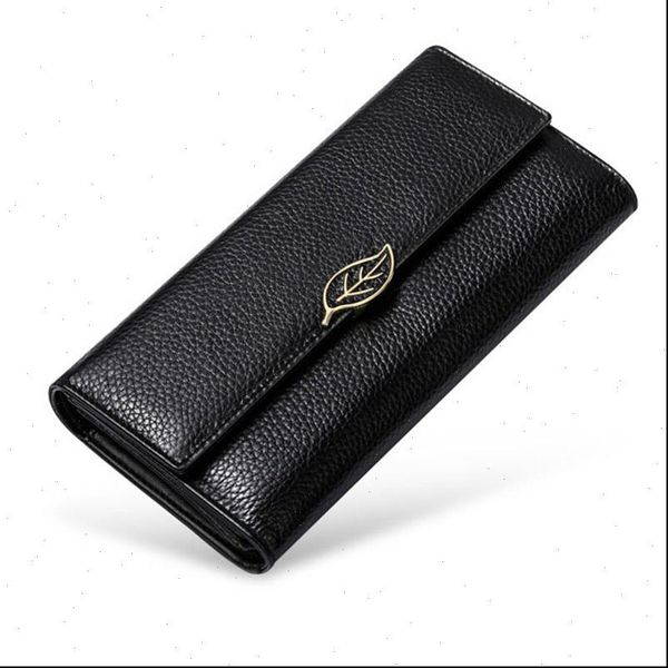 

metal leaf women genuine leather wallets lady long coin purse wallet hasp trifold womens clutch bag phone card holder, Red;black