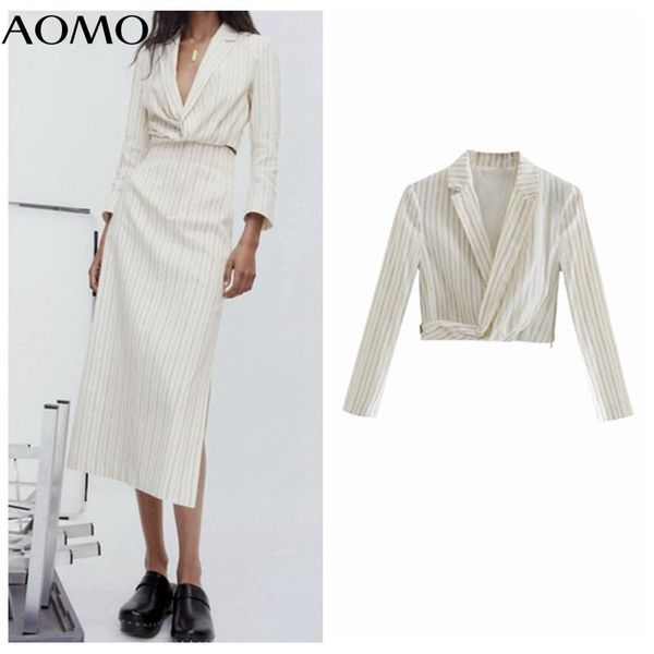 

women's suits & blazers aomo women striped crop blazer coat vintage notched collar pocket 2021 fashion female casual chic 2w190a, White;black