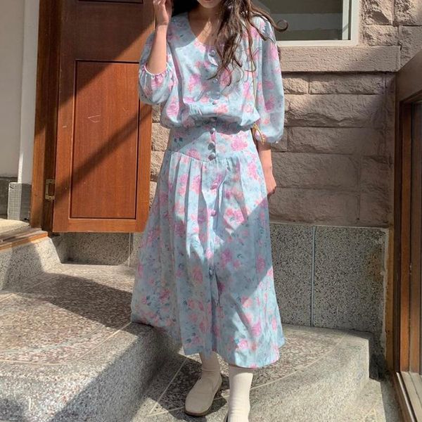 

[ewq] women contrast color print long dress round neck half puff sleeve loose fit fashion tide spring summer 2021 2f0622 casual dresses, Black;gray