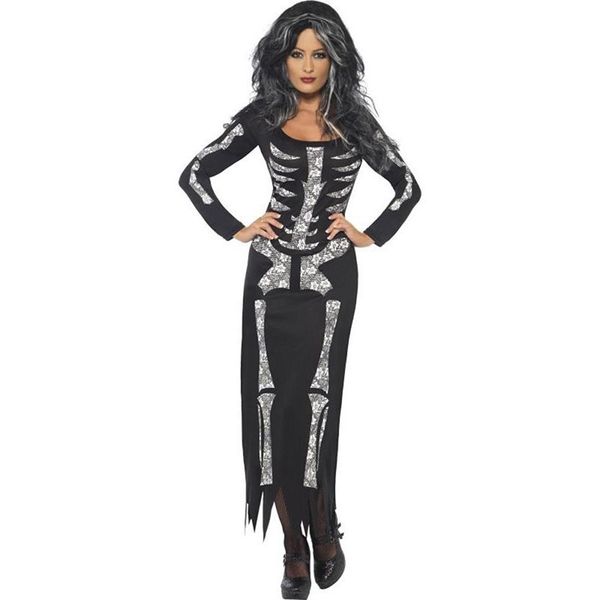 

casual dresses halloween women dress y2k goth sheath stitch irregular skeleton print long sleeve party fastive cosplay female autumn, Black;gray