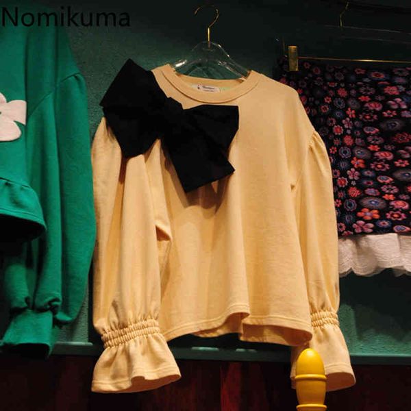 

nomikuma korean sweet bowknot o-neck pullover sweatshirt flare long sleeve causal pullover jumper autumn women hoodie 6d030 210427, Black
