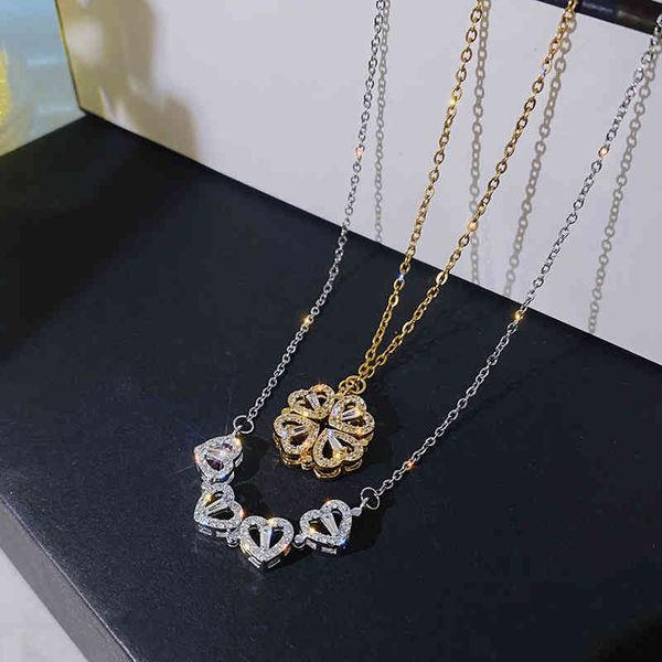 

design heart four-leaf clover magnetic pendant necklace for women girls fashion zircon titanium steel christmas gift jewelry, Silver
