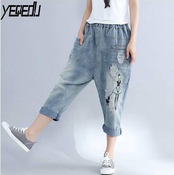 

#4606 distressed loose wide leg harem jeans women elastic waist vintage ankle-length boyfriend ripped for embroidery women's, Blue