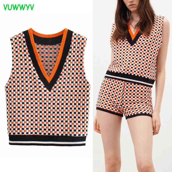 

vuwwyv pink plaid crop jacquard vest sweater women spring contrast ribbed knitted sweaters woman sleeveless ladies 210430, Black;white