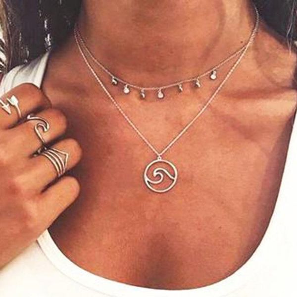 

pendant necklaces european fashion double layer wave map vintage geometric round sequins charm women jewelry yn98, Silver