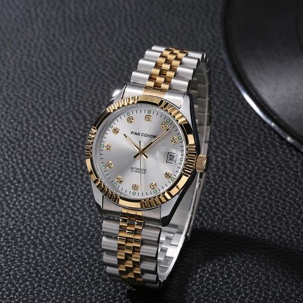 

diamond watch automatic movement wristwatch men water proof solid steel watchband mechanical clocks lunimous mechanische uhren wristwatches, Slivery;brown