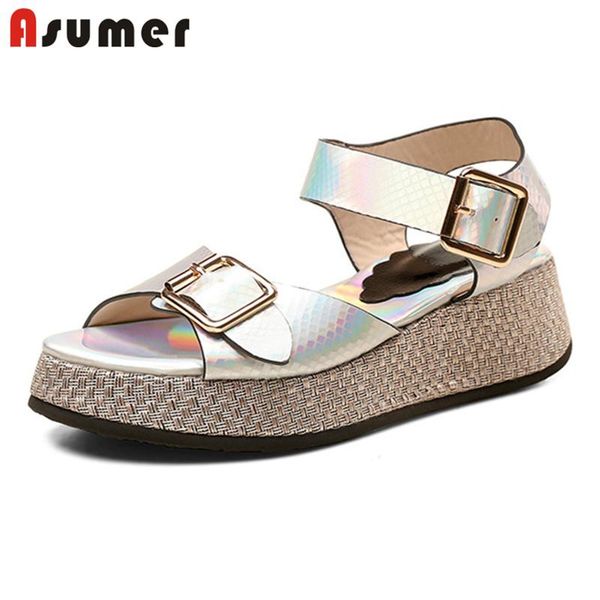 

asumer 2021 flat platform shoes women sandals fashion cool buckle genuine leather footwear summer casual woman, Black