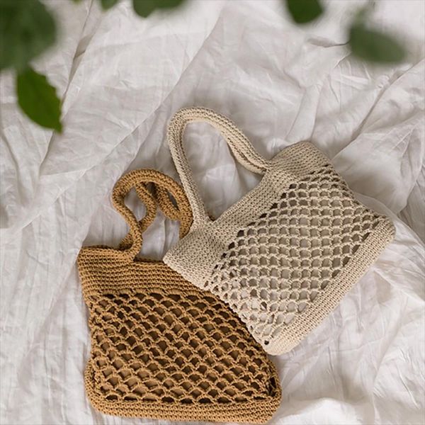 

duffel bags women's summer hollow out solid color handbag cotton fabric large shoulder bag handmade kintted travel