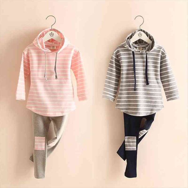 

autumn spring 2 3 4 6 7 8 years striped long sleeve cotton hoodies leggings baby kids girl 2pcs, White