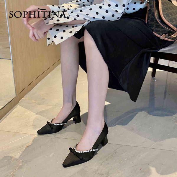 

sophitina dress pumps woman pointed toe patchwork shallow handmade crystal decoration butterfly high square heel shoe po852 210513, Black