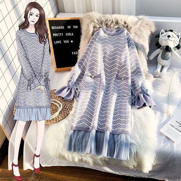 

plus size womens 2021 autumn and winter new sweaters long mesh stitching knitted dress with flower o-neck long sleeve y203, Black;gray
