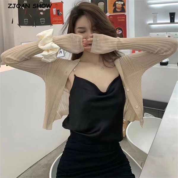 

french style vintage knitting stripe line through crop pointelle knit cardigan sweater woman o neck long sleeve jumper knitwear 210429, White;black