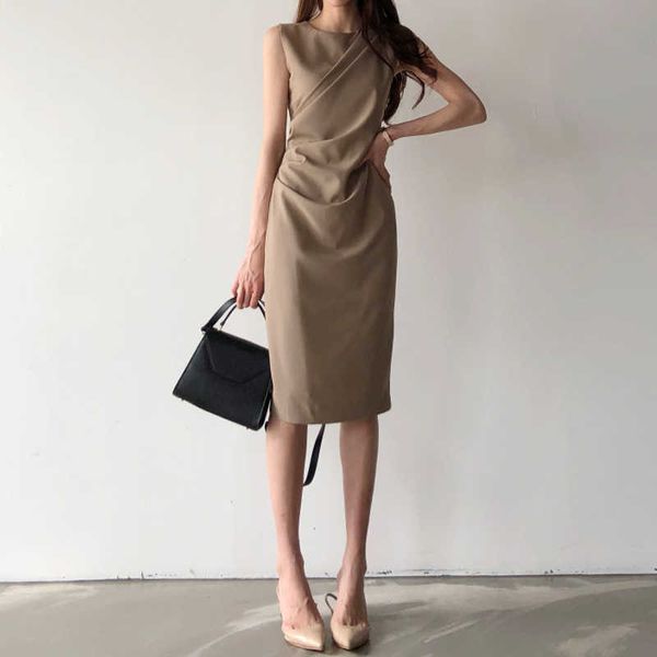 Yaz Retro Yüksek Bel Draped Elbise Kadın Moda Seksi Kolsuz Çanta Kalça Zayıflama Kalem Çalışma Vestidos 210529