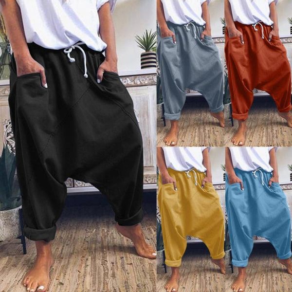 

harem pants plus size women's fashion casual mid waist pockets solid cotton-blend retro trousers loose & capris, Black;white