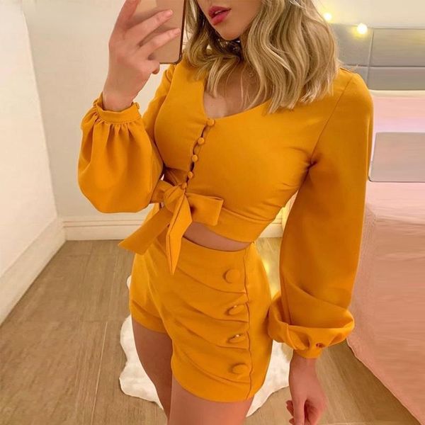 

women's tracksuits ladies lantern sleeve buttoned short set, Gray