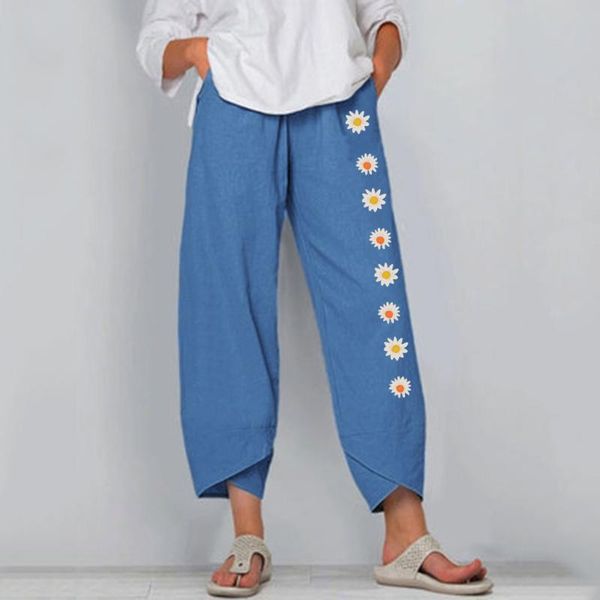 

women's pants & capris summer women loose daisy print cotton linen elastic waist casual wide leg plus size vintage pant#35, Black;white