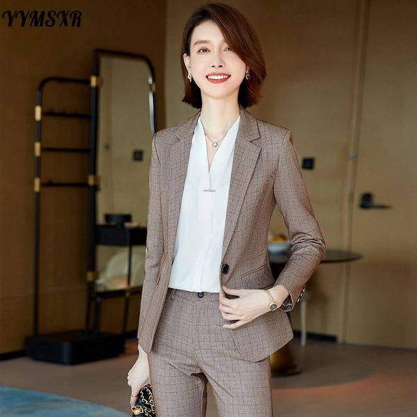 

women's two piece pants high-end office suit two-piece autumn and winter 2021 fashion temperament plaid ladies jacket casual, White